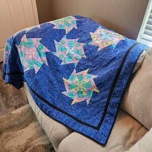 Vintage Handmade Quilt Blue Aquatic Pinwheel Star Throw Blanket 68x48 Fish Ocean